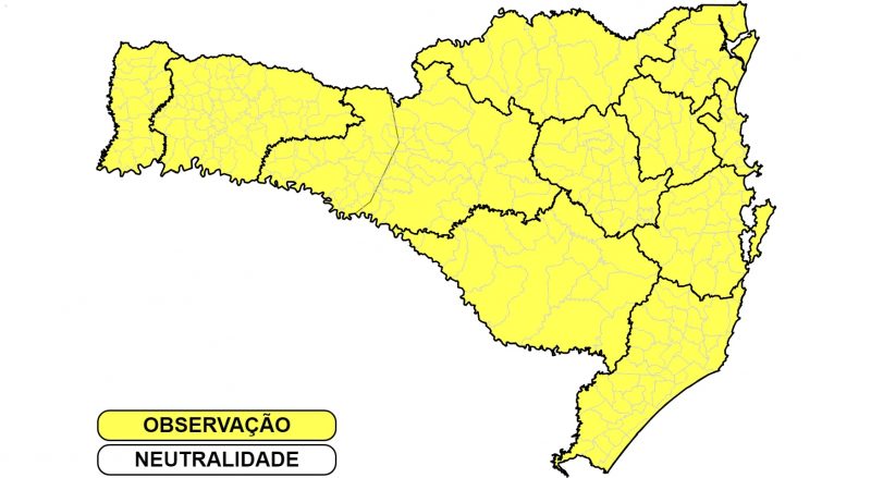 Mapa da Defesa Civil mostra todas as regiões do Estado em observação para a possibilidade de temporais nesta segunda-feira (30)