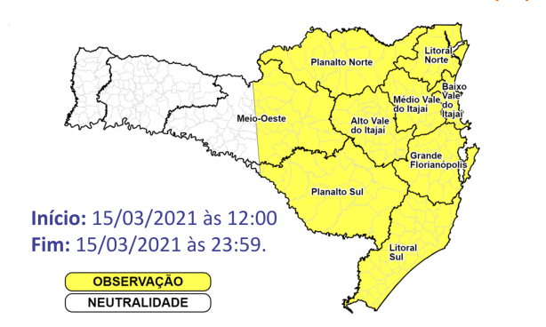 O risco é moderado para ocorrências nas áreas em amarelo – Foto: Defesa Civil/Divulgação/ND