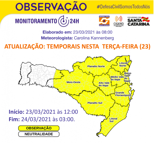 Defesa Civil emite alerta de temporais nas áreas em amarelo no mapa – Foto: Defesa Civil/Divulgação/ND