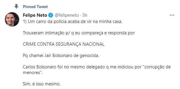Felipe Neto; Bolsonaro; Genocida; Crime; Segurança